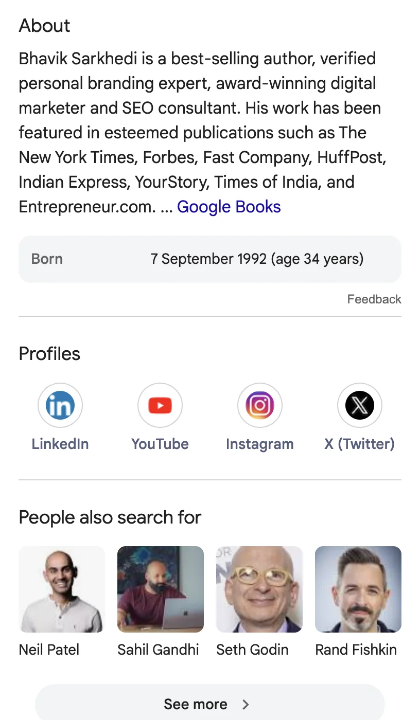 Google Knowledge Panel for Bhavik Sarkhedi: About description, profiles and people also search for