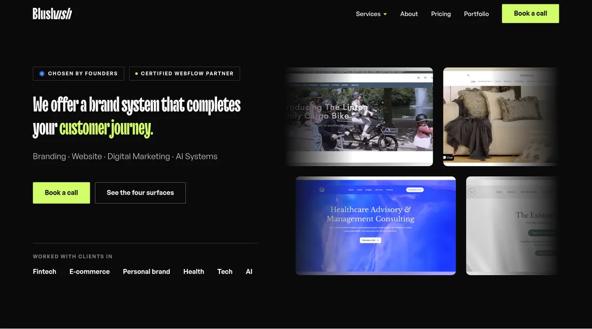 Blushush homepage, a London studio for brands and Webflow websites