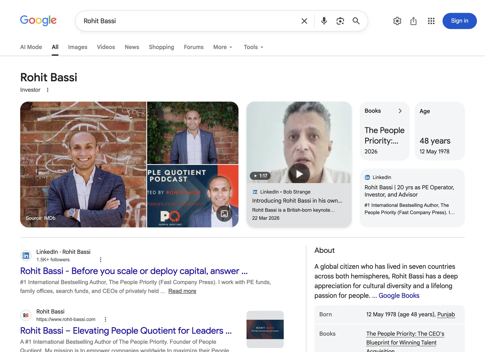 Google knowledge panel for Rohit Bassi